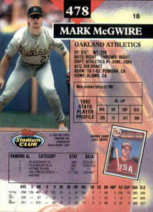 1993 Stadium Club #478 Mark McGwire VG Oakland Athletics 