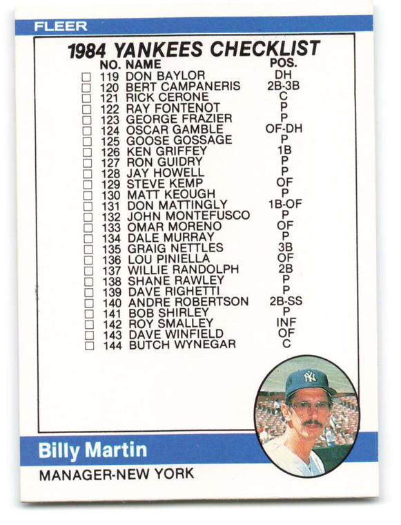 1984 Fleer #652 Checklist: Yankees/Billy Martin VG New York Yankees/Cincinnati Reds 