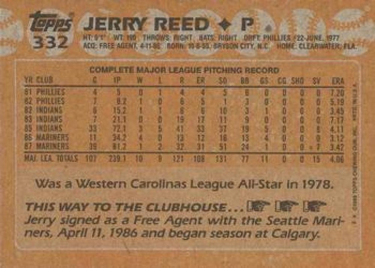 1988 Topps #332 Jerry Reed NM-MT Seattle Mariners 