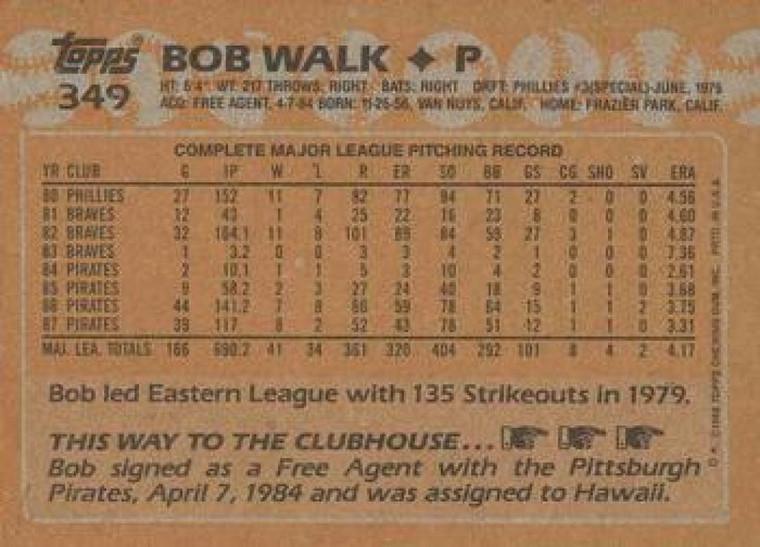 1988 Topps #349 Bob Walk NM-MT Pittsburgh Pirates 