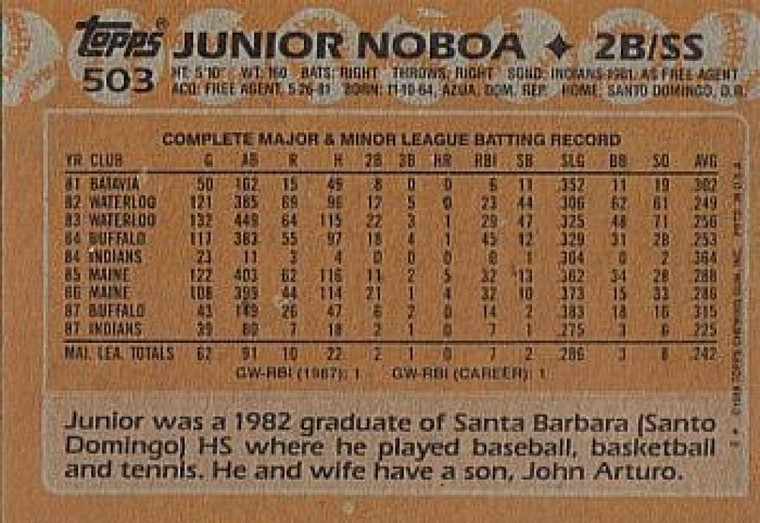 1988 Topps #503 Junior Noboa NM-MT RC Rookie Cleveland Indians 