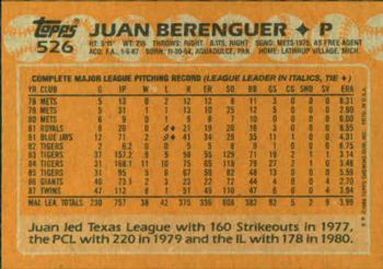 1988 Topps #526 Juan Berenguer NM-MT Minnesota Twins 