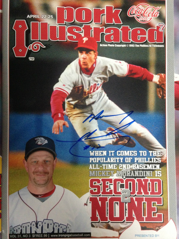 SOLD 1019 Mickey Morandini Autographed Lehigh Valley Ironpigs Pork Ilustrated