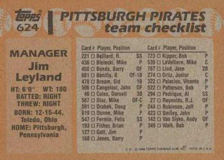 1988 Topps #624 Jim Leyland MG NM-MT Pittsburgh Pirates 