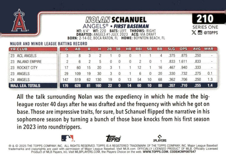 2025 Topps #210 Nolan Schanuel NM-MT  Los Angeles Angels 