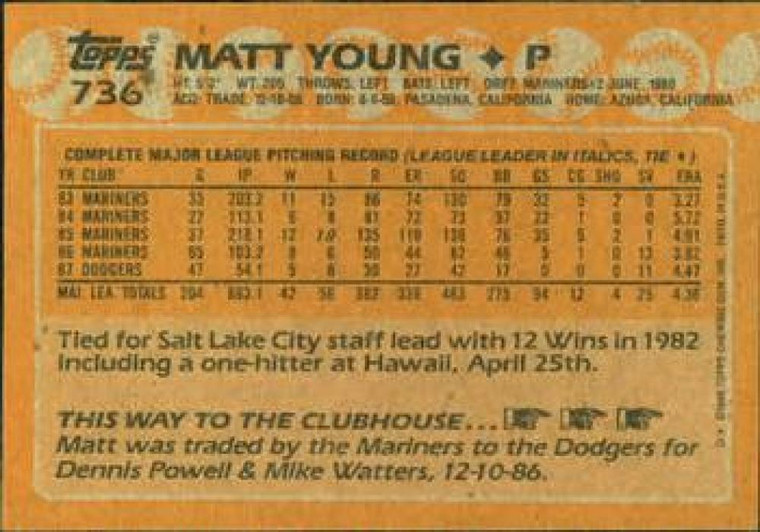 1988 Topps #736 Matt Young NM-MT Los Angeles Dodgers 