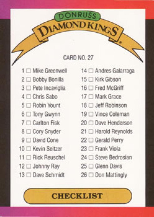 1989 Donruss #27 Diamond Kings Checklist 1-26 DP NM-MT Checklist 