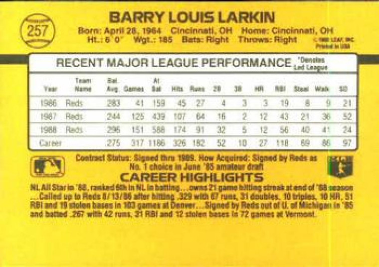 1989 Donruss #257 Barry Larkin NM-MT Cincinnati Reds 