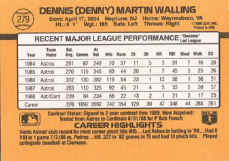 1989 Donruss #279 Denny Walling NM-MT St. Louis Cardinals 