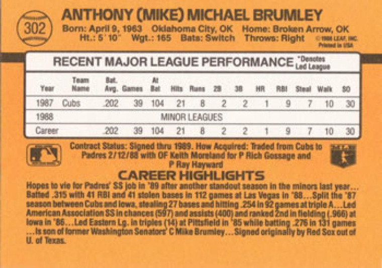 1989 Donruss #302 Mike Brumley NM-MT San Diego Padres 