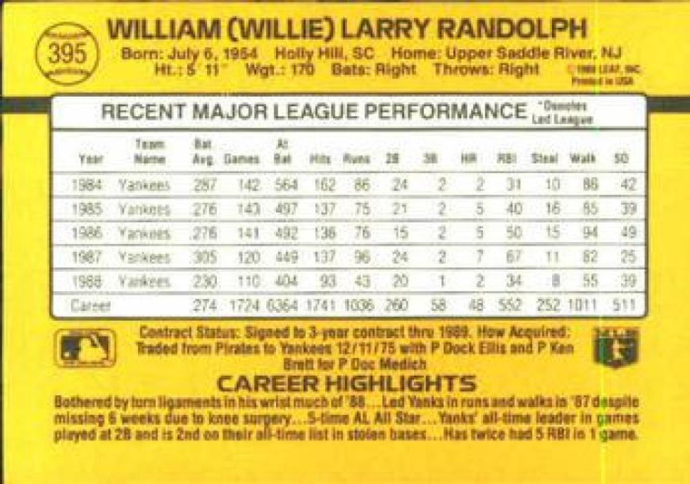 1989 Donruss #395 Willie Randolph NM-MT New York Yankees 