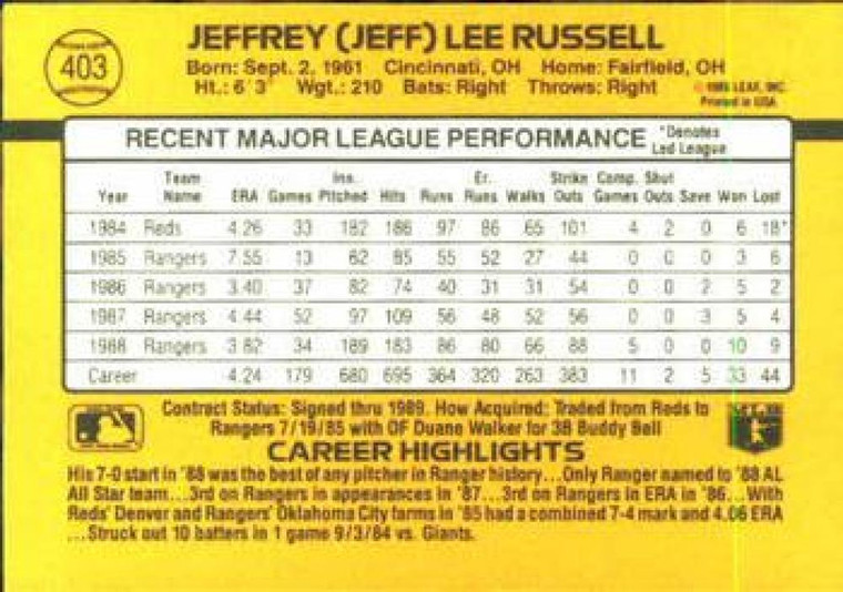 1989 Donruss #403 Jeff Russell NM-MT Texas Rangers 