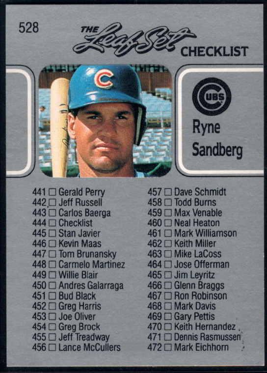 1990 Leaf #528 Ryne Sandberg CL VG Chicago Cubs 