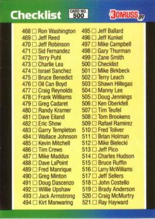 1989 Donruss #500 Checklist 468-577 DP NM-MT Checklist 