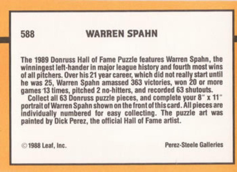 1989 Donruss #588 Warren Spahn Puzzle NM-MT Milwaukee Braves 