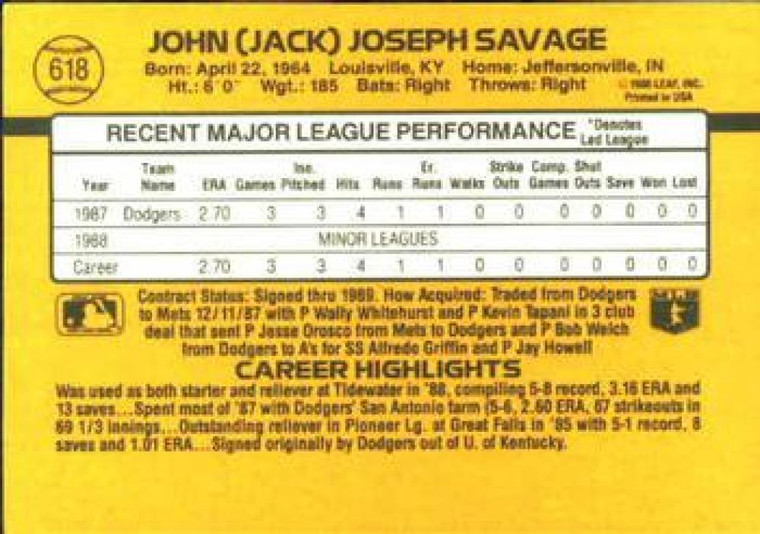 1989 Donruss #618 Jack Savage DP NM-MT New York Mets 