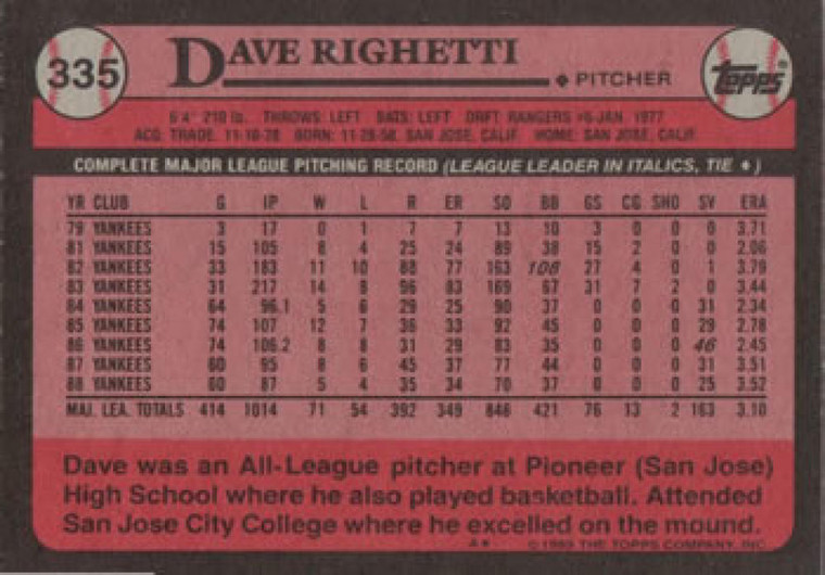 1989 Topps #335 Dave Righetti NM-MT New York Yankees 