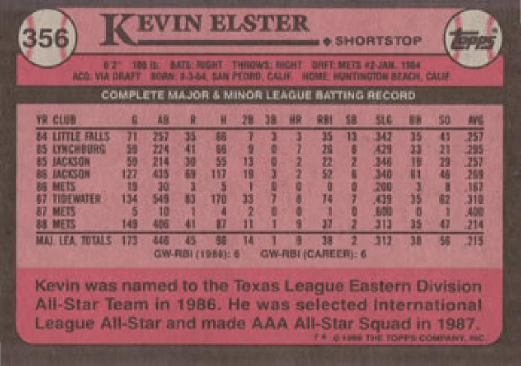 1989 Topps #356 Kevin Elster NM-MT New York Mets 