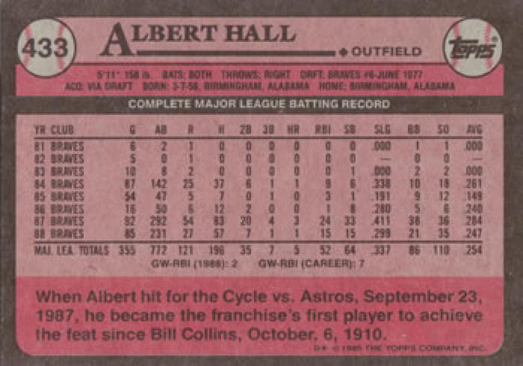 1989 Topps #433 Albert Hall NM-MT Atlanta Braves 
