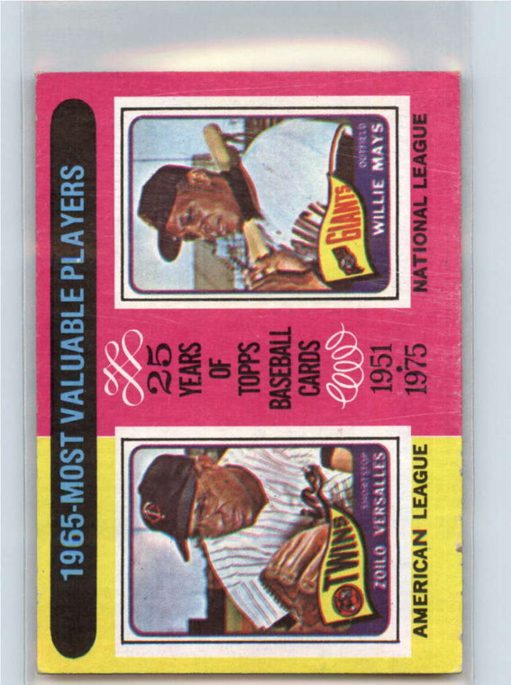 1975 Topps #203 Zoilo Versalles/Willie Mays 1965 MVP's VG Minnesota Twins/San Francisco Giants 