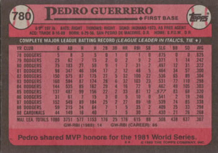 1989 Topps #780 Pedro Guerrero NM-MT St. Louis Cardinals 