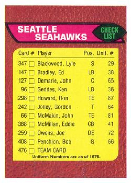 1976 Topps #476 Seattle Seahawks CL VG Seattle Seahawks 