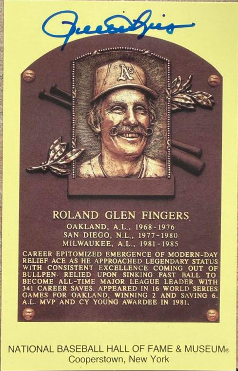 Rollie Fingers Autographed Hall of Fame Gold Plaque Postcard Oakland Athletics