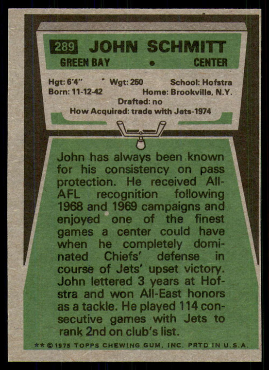 1975 Topps #289 John Schmitt VG  Green Bay Packers 
