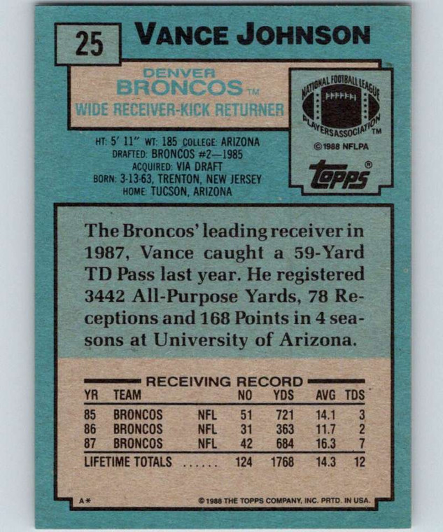 1988 Topps #25 Vance Johnson NM-MT  Denver Broncos 
