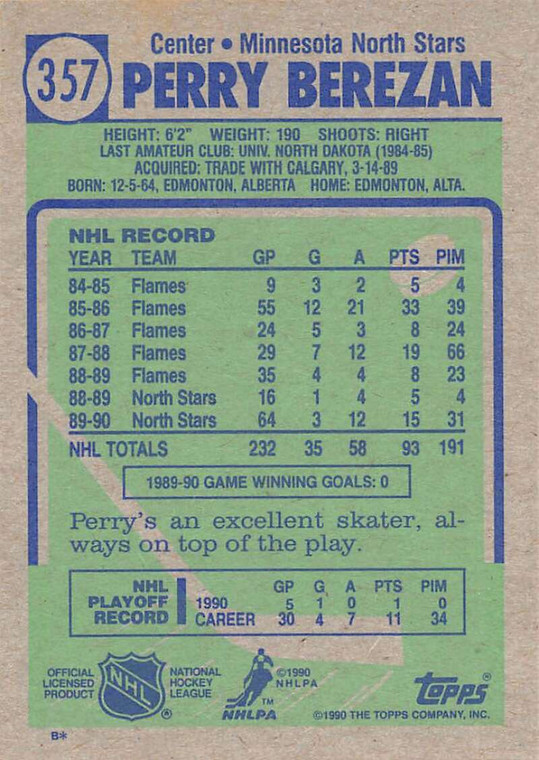 1990-91 Topps #357 Perry Berezan VG Minnesota North Stars 