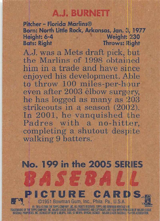 2005 Bowman Heritage #199 A.J. Burnett NM-MT Florida Marlins 