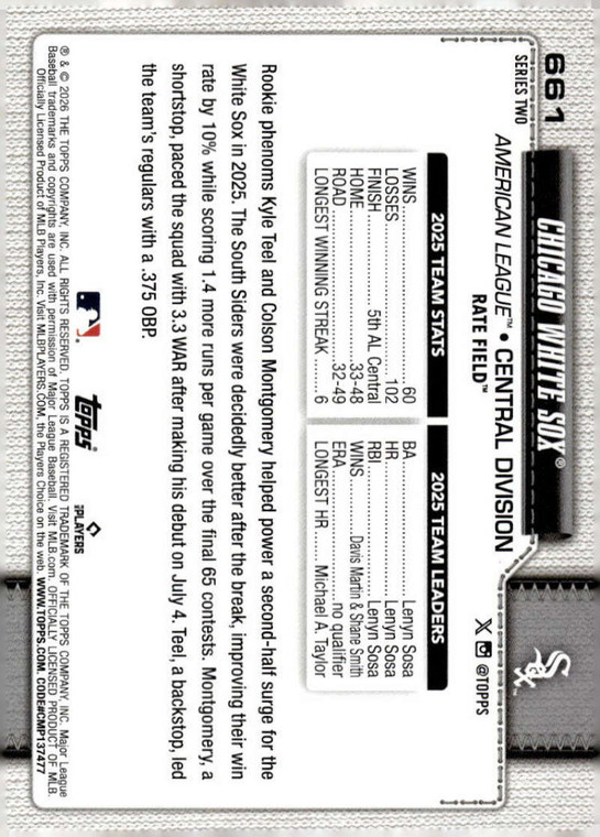 2026 Topps #661 Chicago White Sox Team Card NM-MT  Chicago White Sox 