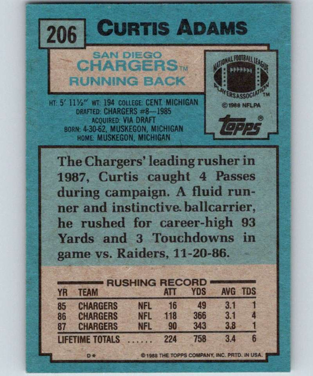 1988 Topps #206 Curtis Adams NM-MT  San Diego Chargers 