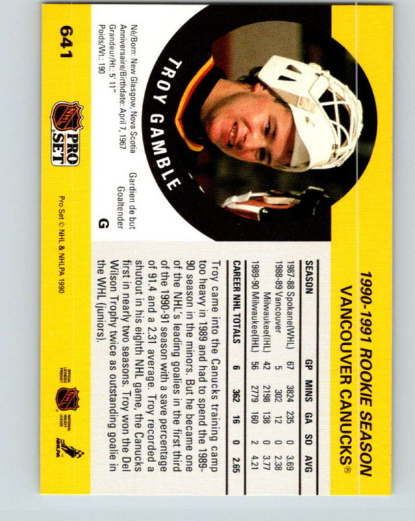 1990-91 Pro Set #641 Troy Gamble NM-MT  Vancouver Canucks 