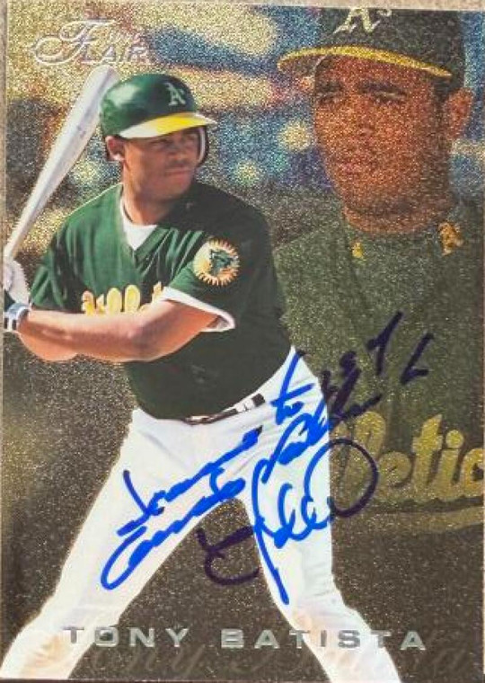 Tony Batista Autographed 1996 Flair #141 Oakland Athletics. RC, VAR: Silver lettering, Gold background 