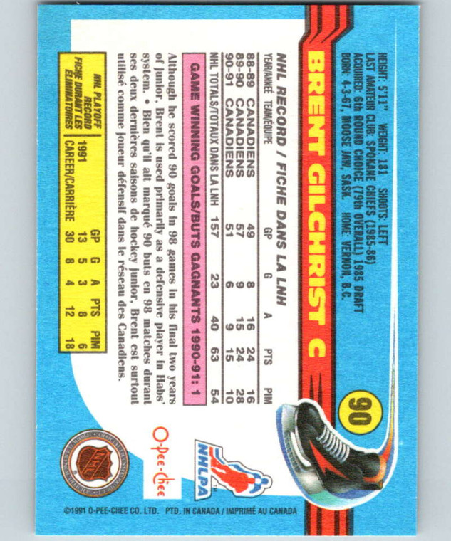 1991-92 O-Pee-Chee #90 Brent Gilchrist NM-MT  Montreal Canadiens 