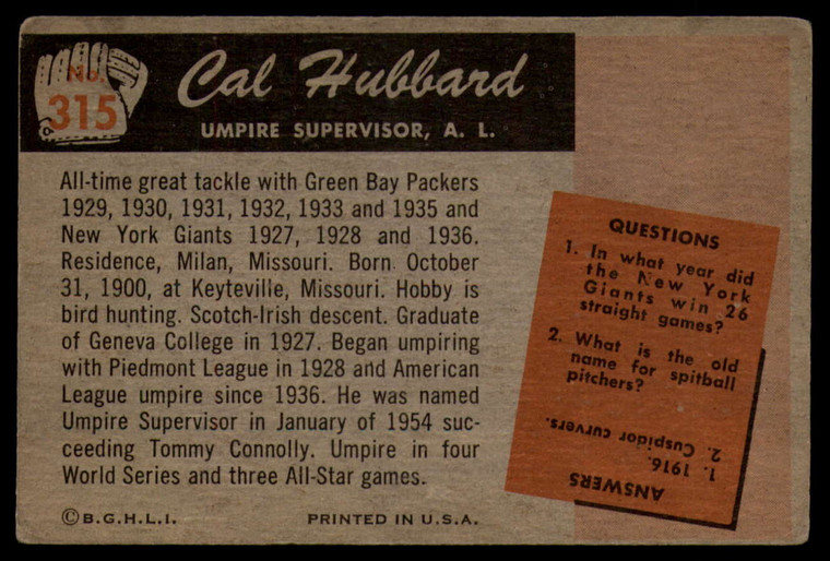 1955 Bowman #315 Cal Hubbard UMP VG  