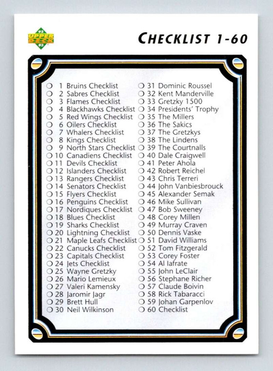 1992-93 Upper Deck #60 Checklist 1-110 NM-MT  