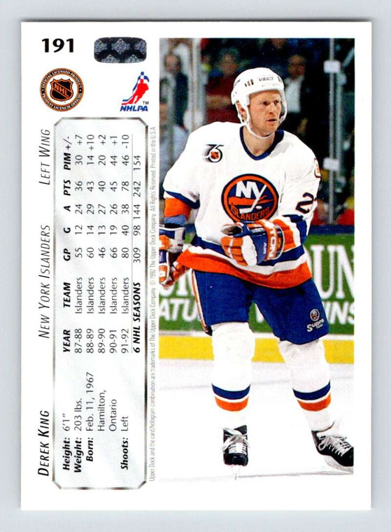 1992-93 Upper Deck #191 Derek King NM-MT  New York Islanders 