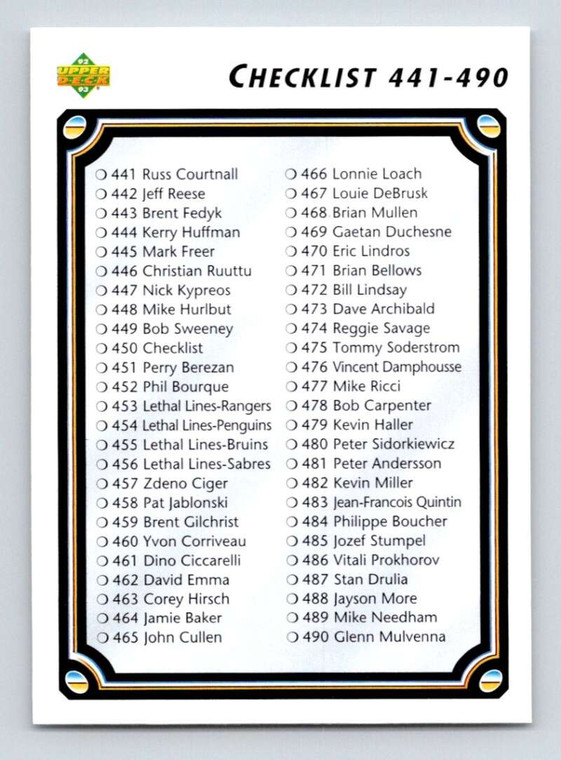 1992-93 Upper Deck #450 Checklist 491-540 NM-MT  