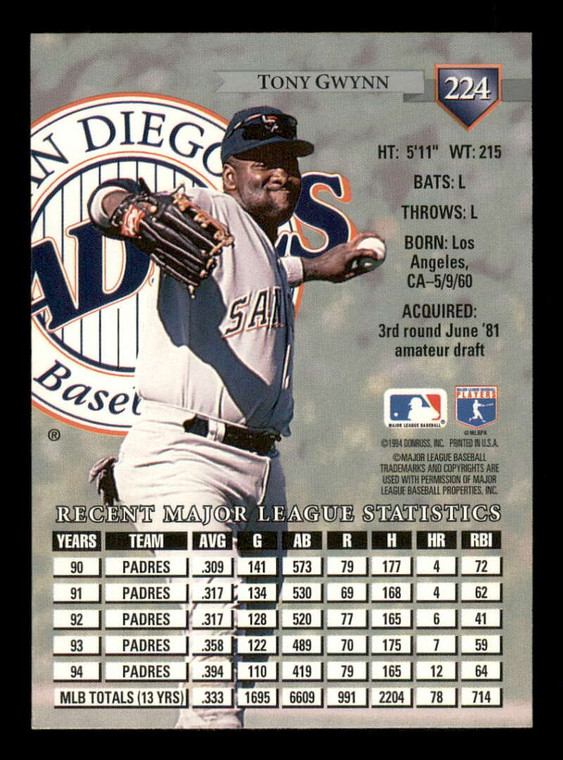 1995 Donruss #224 Tony Gwynn VG San Diego Padres 