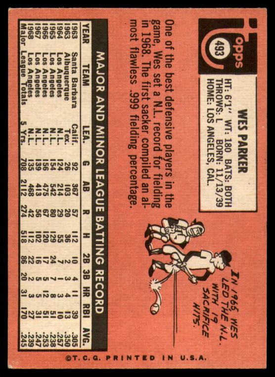 1969 Topps #493a Wes Parker VG Los Angeles Dodgers 