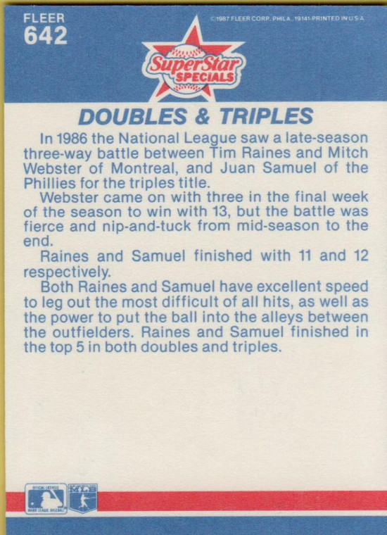 1987 Fleer #642 Juan Samuel/Tim Raines Doubles and Triples NM Philadelphia Phillies/Montreal Expos 