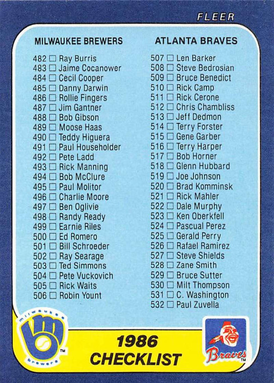 1986 Fleer #659 Checklist 482-578 VG Milwaukee Brewers/Atlanta Braves/San Francisco Giants/Texas Rangers 