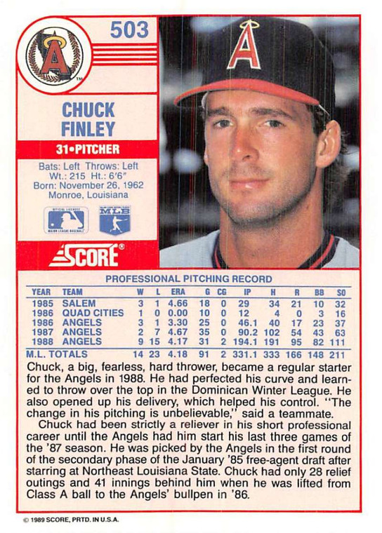 1989 Score #503 Chuck Finley VG California Angels 