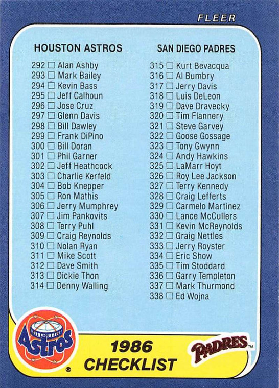 1986 Fleer #657 Checklist 292-385 VG Houston Astros/San Diego Padres/Boston Red Sox/Chicago Cubs 