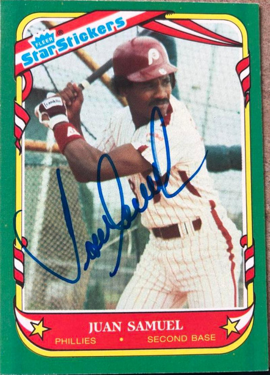 Juan Samuel Autographed 1987 Fleer Star Stickers #104 Philadelphia Phillies Card