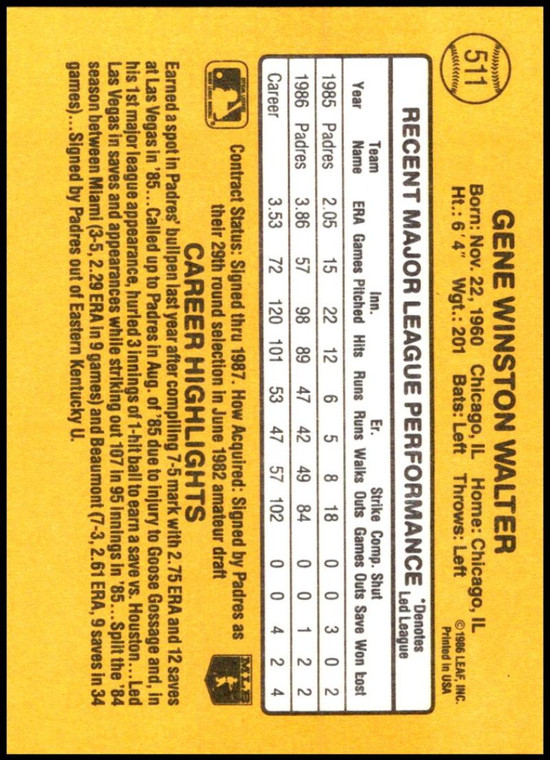 1987 Donruss #511 Gene Walter VG San Diego Padres 
