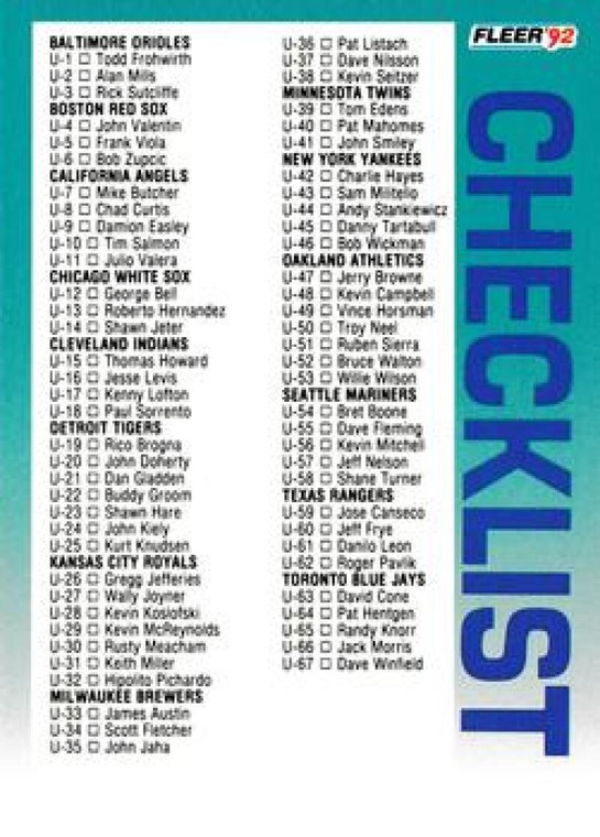 1992 Fleer Update #132 Checklist U1-U132 NM-MT  