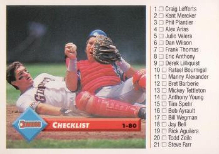 1993 Donruss #122 Gary Carter/Kirt Manwaring Checklist 1-80 VG Checklist 